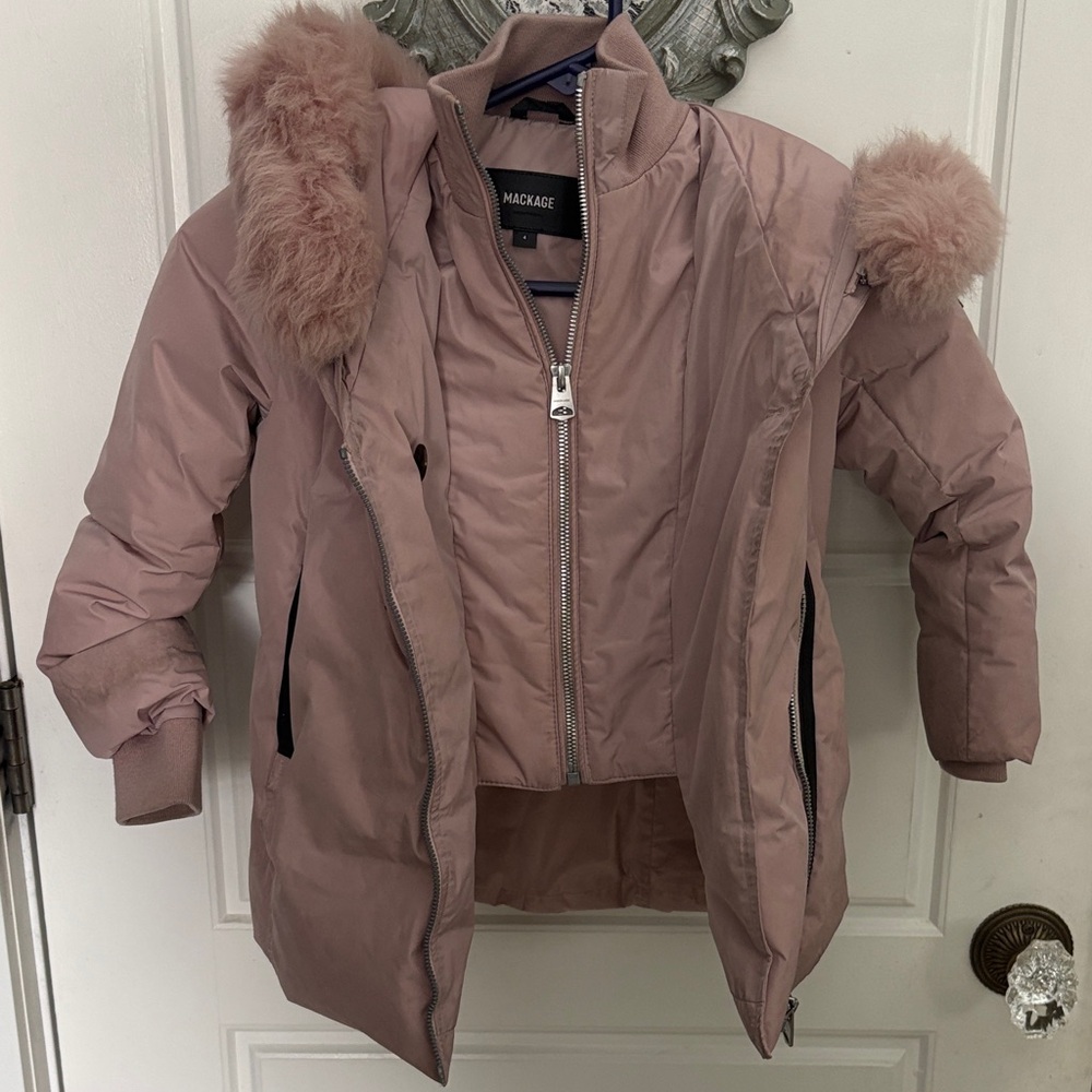 Mackage Girls Dusty Pink Puffer Coat with Fur Trim